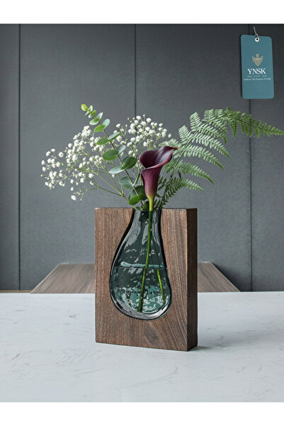 YNSK فخامة |   جرين وود | مزهرية زجاجية خشبية للديكور - حجم صغير 24 سم