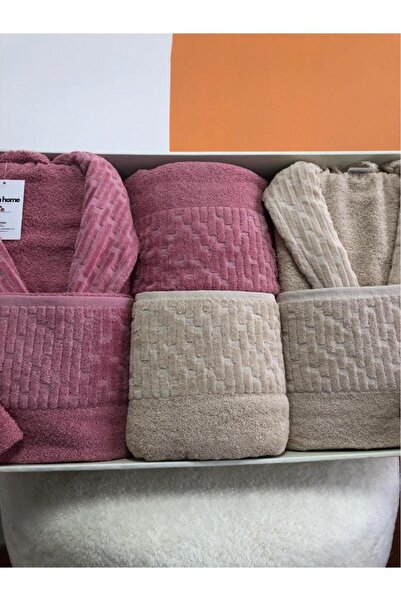 Çeyiz Diyarı Su Yolu 8 Piece Family Bathrobe Set Light Beige - Dusty Rose