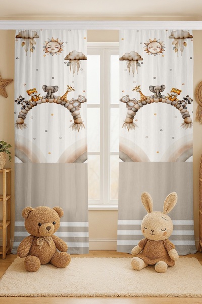 EVPANYA Sitting Cute Friends Patterned Children's Baby Room Background Curtain (Single Panel Pricing)