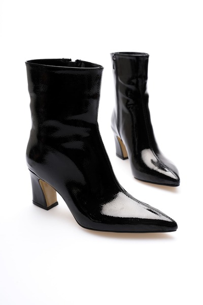 MARCHEO Nadia Women's Black Patent Leather Thick Heeled Winter Boots