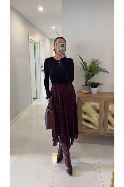 BİRCANÇİL Porisa Burgundy Embroidered Asymmetrical Cut Skirt