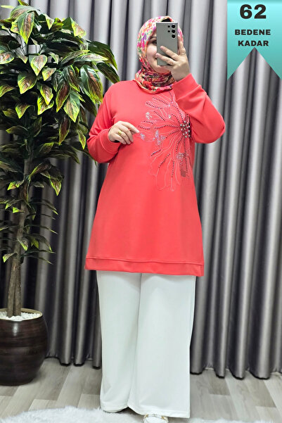 Elmas Tesettür Kadın Giyim Büyük Beden Modal Taşlı Çiçekli Tunik