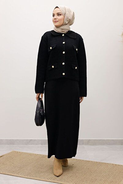 Tesettür Dünyası Ornamental Pocketed Knitwear Cardigan Tsd250243 Black