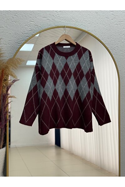 MİHRA STORE Fionna Baklava Patterned Knitwear Sweater-Zi̇5589 Burgundy