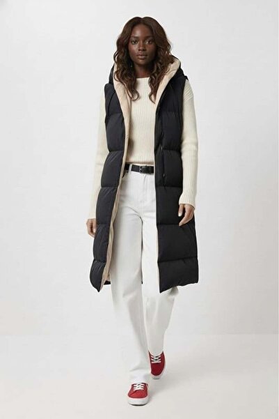 Hb Harma Time Butik Жіночий двосторонній кремово-чорний жилет з капюшоном і кишенями