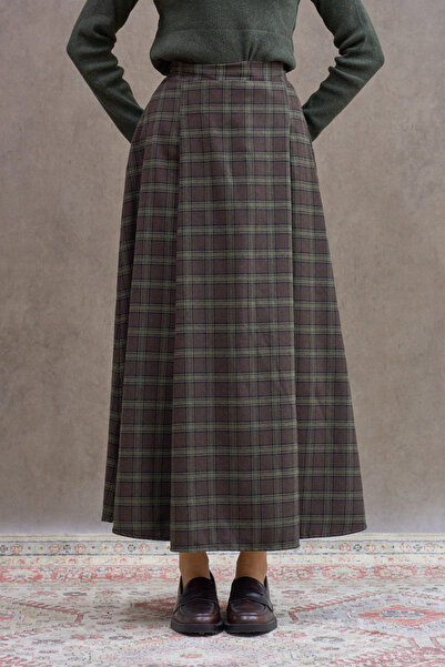 KÜÇÜĞÜM BUTİK Brown Green Double Pleated Plaid Skirt