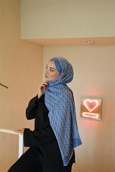 Şalland F Pattern Wool Cashmere Shawl Ice Blue
