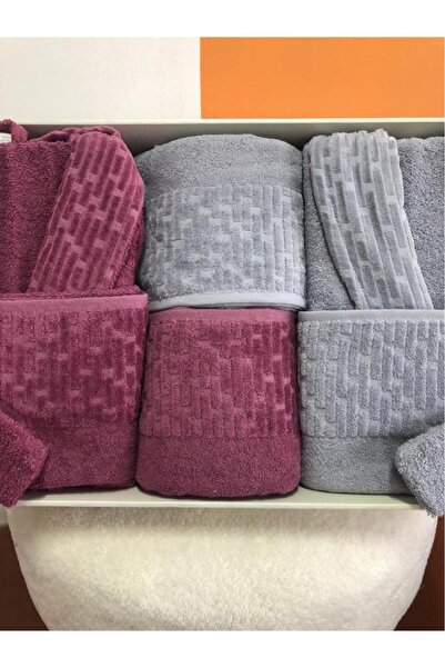 Çeyiz Diyarı Su Yolu 8 Piece Family Bathrobe Set Light Gray - Plum