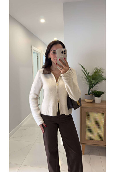 BİRCANÇİL Elisya Stone Collar Leather Detailed Cardigan