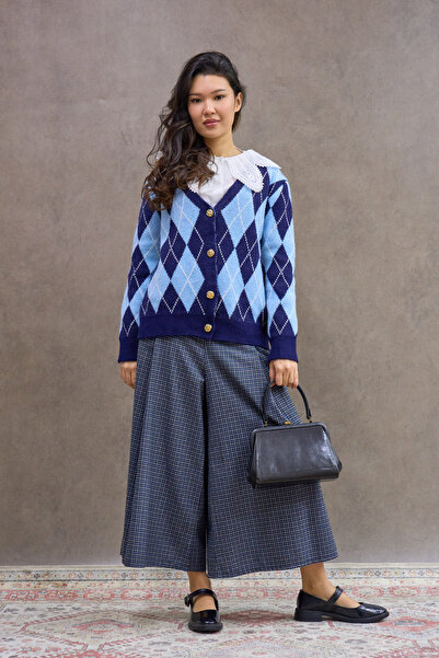 KÜÇÜĞÜM BUTİK Pantaloni în carouri cu pliuri duble în carouri albastre