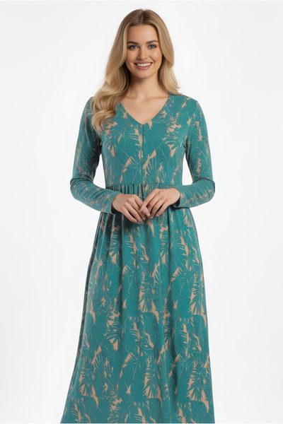 Kyron Women's V-Neck Patterned Viscose Dress- Long Sleeve/Stylish and Comfortable Use/New Trend/Different Color Options