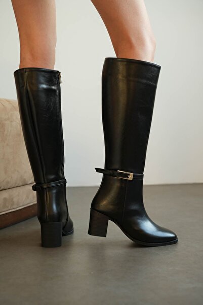 MODAADAM Γυναικείες μπότες με κοντό τακούνι Luvec - μαύρο-δερμάτινο