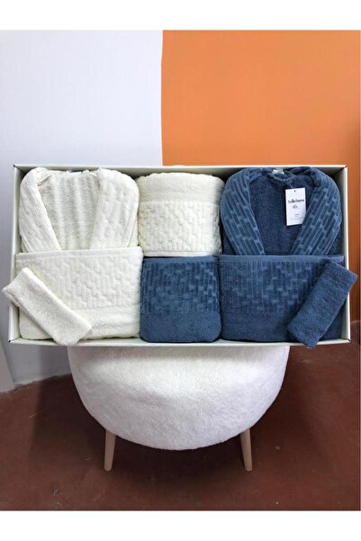 Çeyiz Diyarı Su Yolu 8 Piece Family Bathrobe Set Cream - Indigo