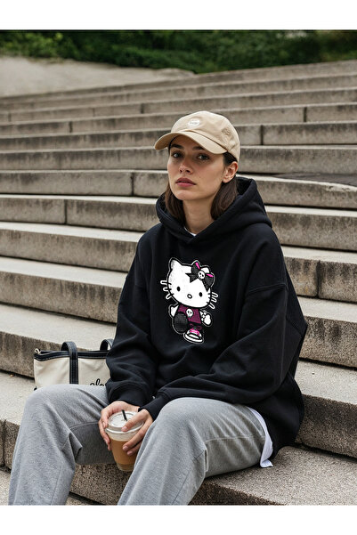 Freak Tshirt Siyah Hello Kitty Punk Baskılı Oversize Kapüşonlu İçi Polarlı Un...
