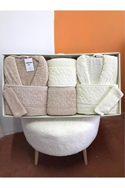 Çeyiz Diyarı Su Yolu 8 Piece Family Bathrobe Set Cream - Light Beige