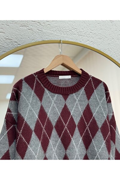 MİHRA STORE Fionna Baklava Patterned Knitwear Sweater-Zi̇5589 Burgundy