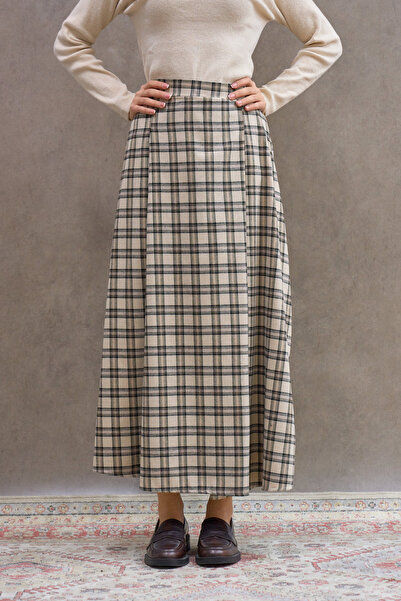 KÜÇÜĞÜM BUTİK Cream Brown Striped Double Pleated Plaid Skirt
