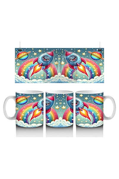Wisdom Rain Rainbow and Cute Rocket Ride Patterned Mug Cup That Makes Childre...