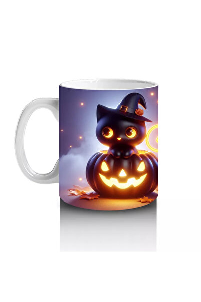 Wisdom Rain Halloween Themed Black Cat and Pumpkin Glitter Printed Mug