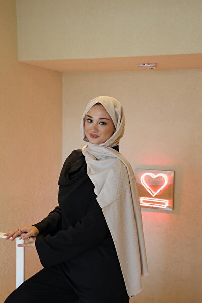 Şalland F Pattern Wool Cashmere Shawl Ivory