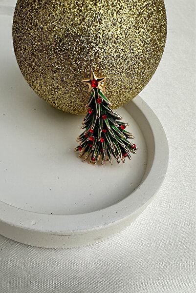 Modex Yılbaşı Özel Taş Detay Minimal Yeşil Çam Ağacı Broş (4cm)