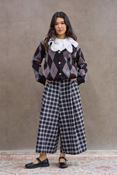 KÜÇÜĞÜM BUTİK Siyah-Bordo Kareli Çift Pileli Ekose Pantolon