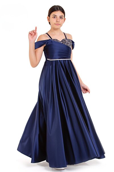 Tarz Çocuk فستان سهرة طويل للفتيات بكتف مكشوف، مزين بالأحجار، مصنوع من الساتان باللون الأزرق الداكن