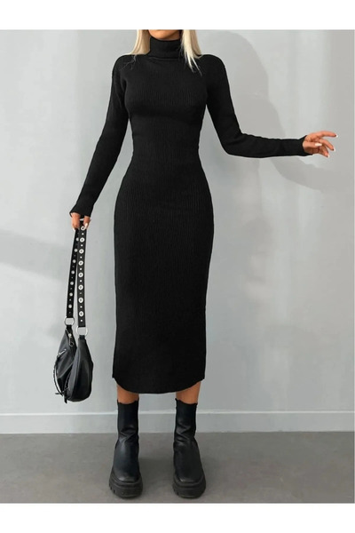 LocaMz - Turtleneck Midi Length Ribbed Knitwear Pencil Dress