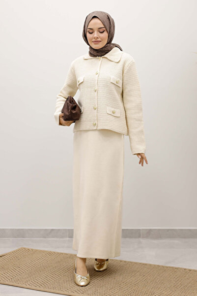 Tesettür Dünyası Ornamental Pocketed Knitwear Cardigan Tsd250243 Beige