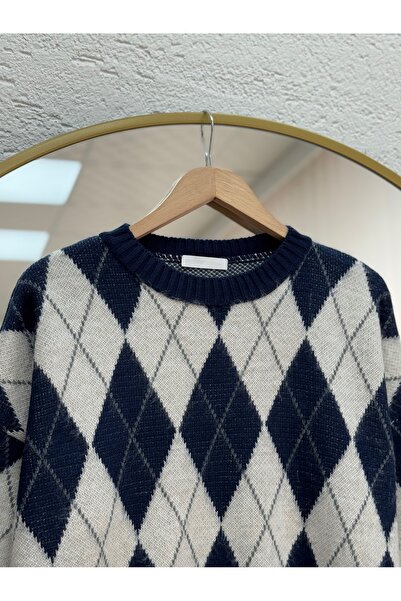 MİHRA STORE Fionna Baklava Patterned Knitwear Sweater-Zi̇5589 Navy Blue