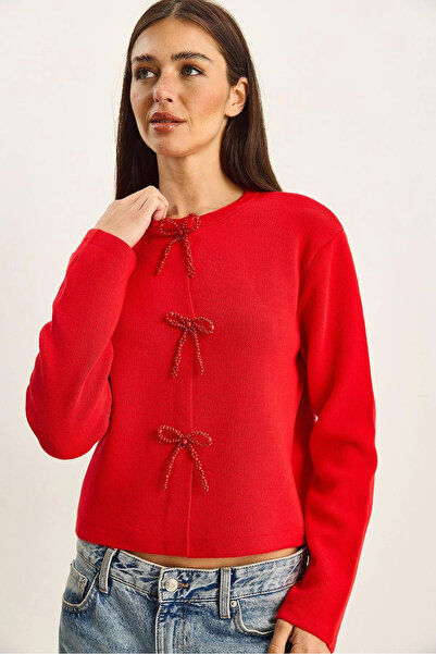 My Blog Red Bow Beaded Cardigan - 251072