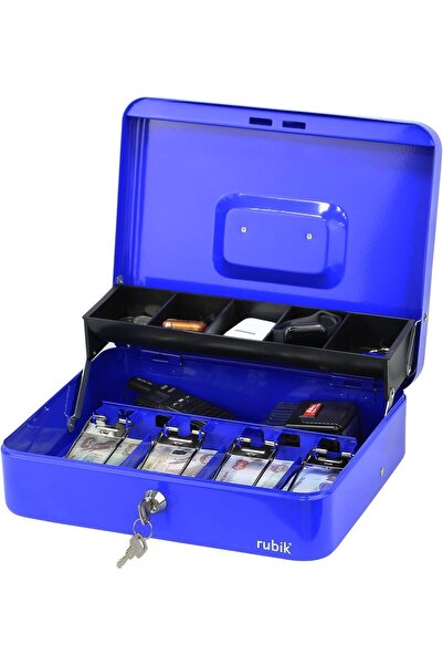 RUBIK صندوق نقود كبير جدًا مع مفتاح، صينية معلقة، فتحة للعملات المعدنية (أزرق)