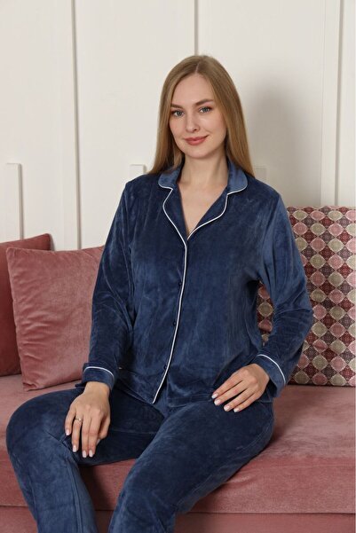 Espuar Buttoned Shirt Collar Piped Bamboo Velvet Pajama Set