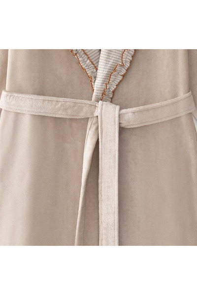 Ecocotton Latifa Women's Bathrobe 100% Organic Cotton Hand Embroidered Ruffled Beige