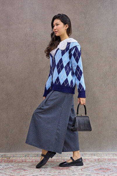 KÜÇÜĞÜM BUTİK Pantaloni în carouri cu pliuri duble în carouri albastre