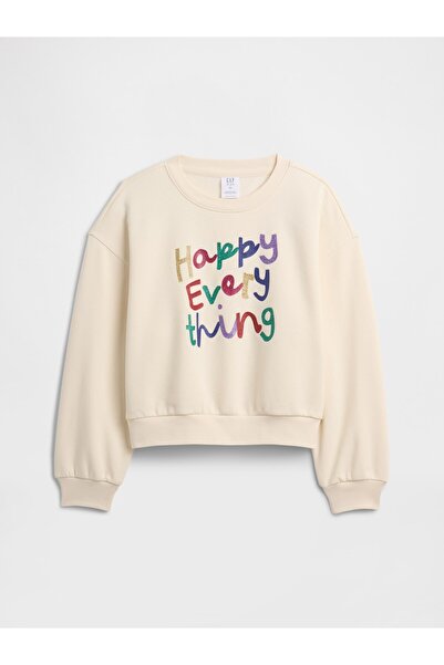 GAP Kız Çocuk Kırık Beyaz Oversized Logo Grafik Baskılı Sweatshirt