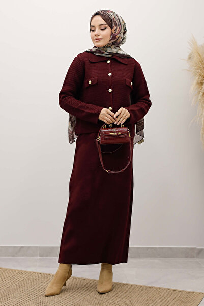 Tesettür Dünyası Ornamental Pocketed Knitwear Cardigan Tsd250243 Plum
