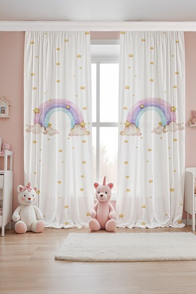 EVPANYA Powder White Rainbow Patterned Children's Baby Room Background Curtain (Single Panel Pricing)