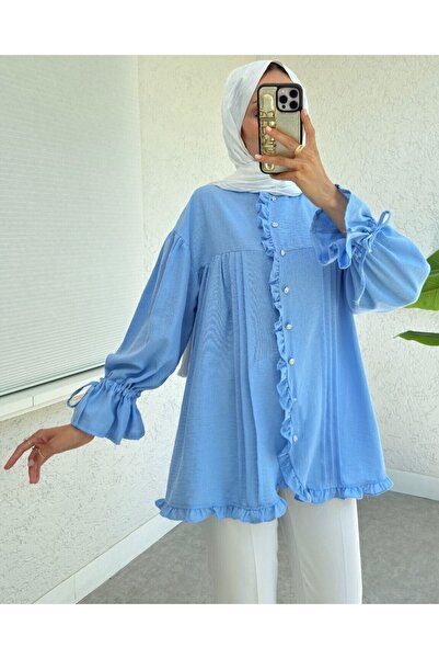 Modamorfo Modal Fabric Shirt with Lace-Up Sleeves and Stone Buttons - Blue