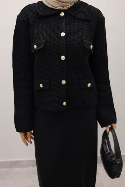 Tesettür Dünyası Ornamental Pocketed Knitwear Cardigan Tsd250243 Black