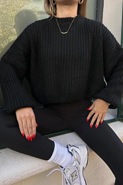 HARMONY GLOBAL Women's Black Balloon Sleeve Thick Thessaloniki Knit Oversized Sweater – Soft Texture, Keeps Warm 1700