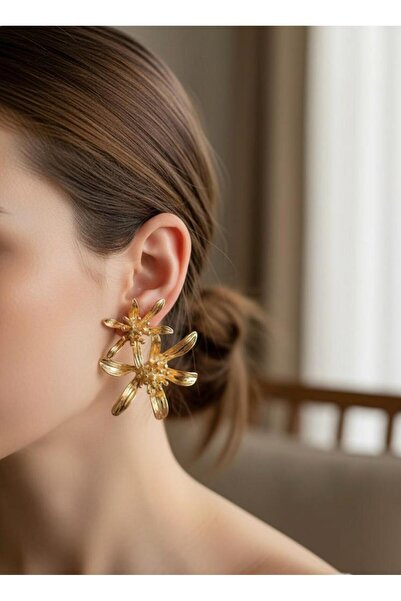 Meyras Touch Kadın Tasarım Çiçek Model Gold Küpe