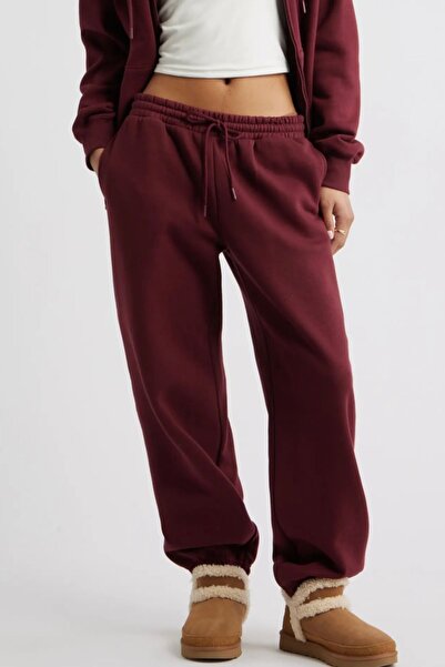 NO 601 Women's Burgundy High Waist Thick Fleece Lined 3 Thread Jogger Sweatpants