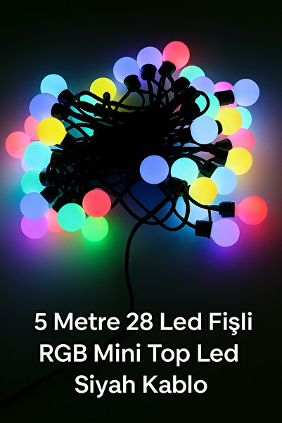 Yenilig 5 Metre 28 Led RGB Mini Top Işık - Fişli, Siyah Kablo ve Çok Renkli D...