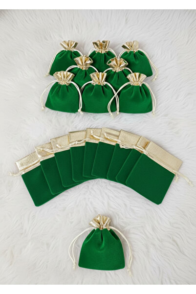LE FANTASİA Yeşil Gold Kadife Minik Kese, 10 Adet - 7x9cm, Altın Kesesi, Takı...