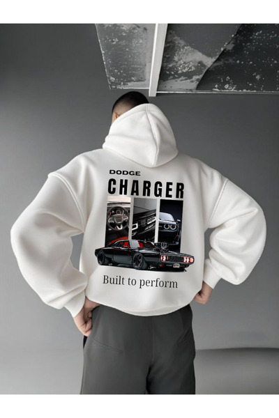 ELNOYA Unisex White 3-Threaded'Dodge Charger' Printed Long Sleeve Comfortable Sweatshirt