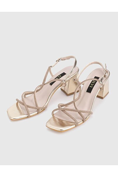 İLVİ Crocus Genuine Leather Gold Stone Women's Heeled Sandals