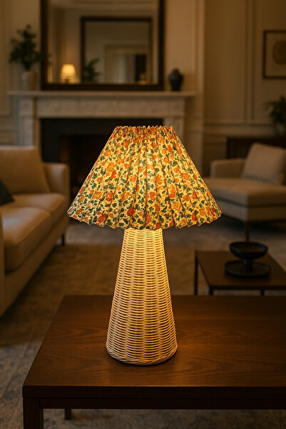 burenze Palma Hasır Abajur Umbrella Şapkalı Hasır Masa Lambası Çiçek Desenli