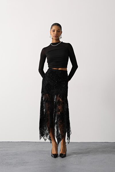 cemo Yüksek Bel Asimetrik Etek Ucu Simli Detaylı Dantel Etek