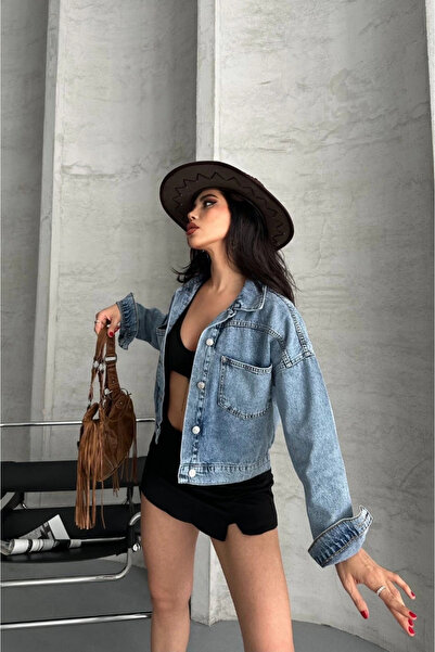 ZENGEZUR MALL Lvsqvr Double Pocket Sleeve Folded Snow Wash Crop Denim Jacket Blue D2000 (182850) (Size: S)